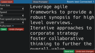 A script teleprompter with random
					text generated using common technology buzzwords